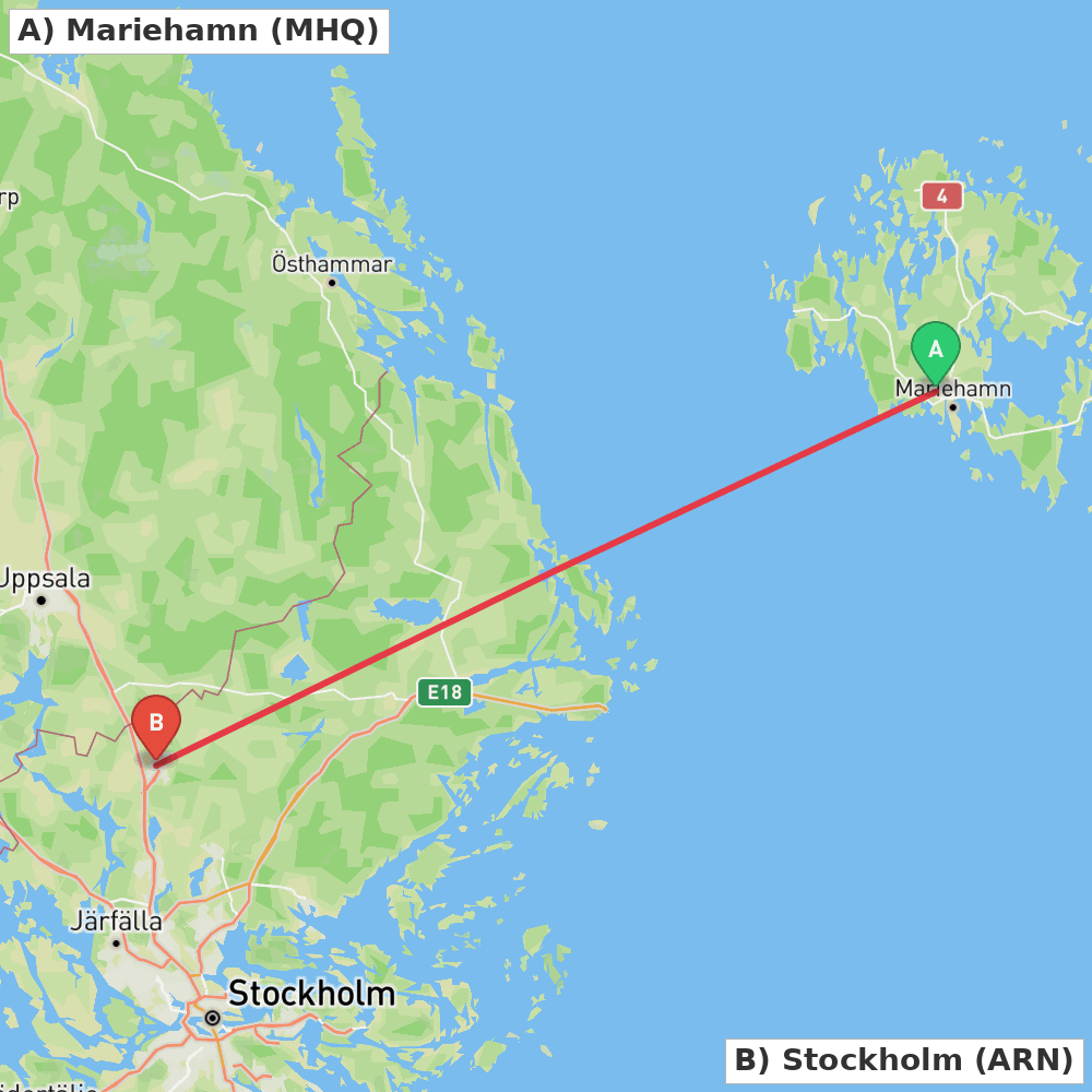 Flight route map from Mariehamn to Stockholm