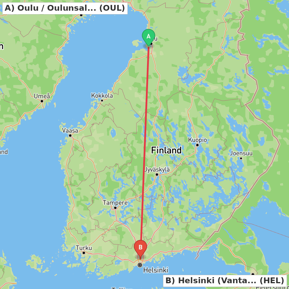 Flight route map from Oulu / Oulunsalo to Helsinki (Vantaa)
