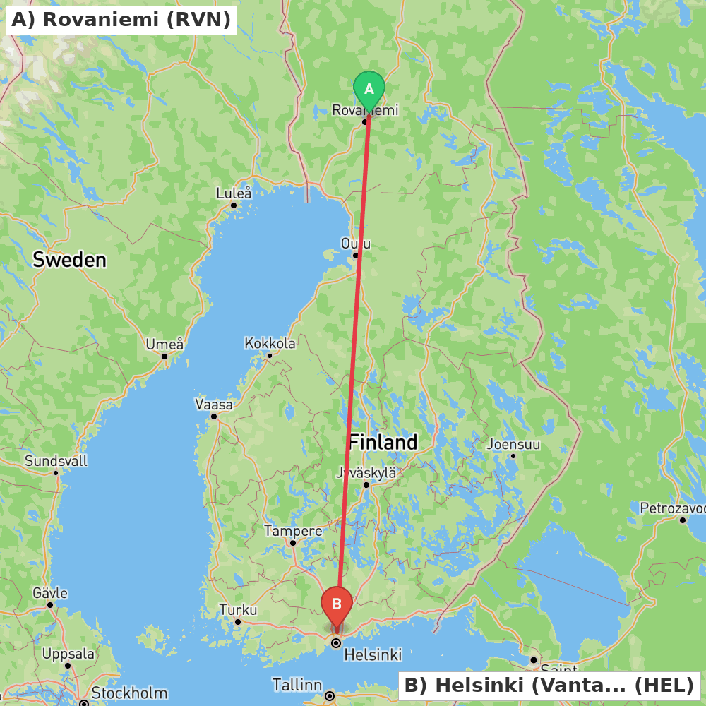 Flight route map from Rovaniemi to Helsinki (Vantaa)