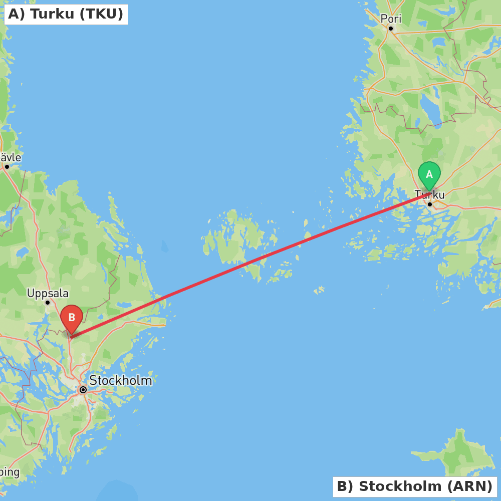 Flight route map from Turku to Stockholm