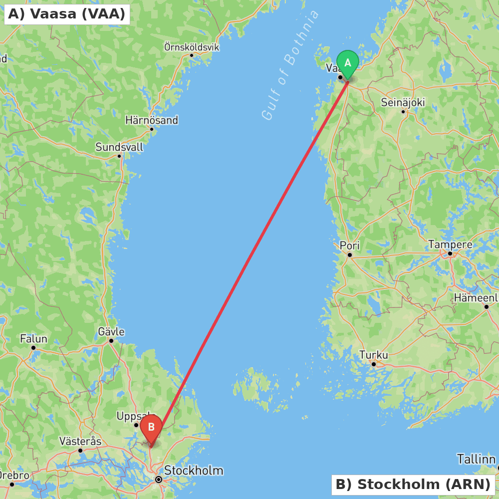 Flight route map from Vaasa to Stockholm