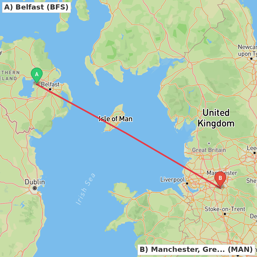Flight route map from Belfast to Manchester, Greater Manchester