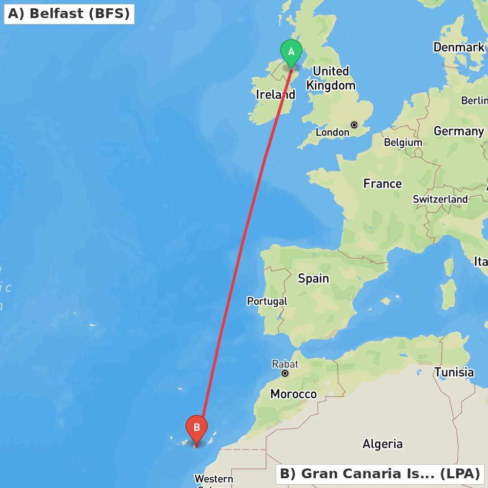 Flight route map from Belfast to Gran Canaria Island