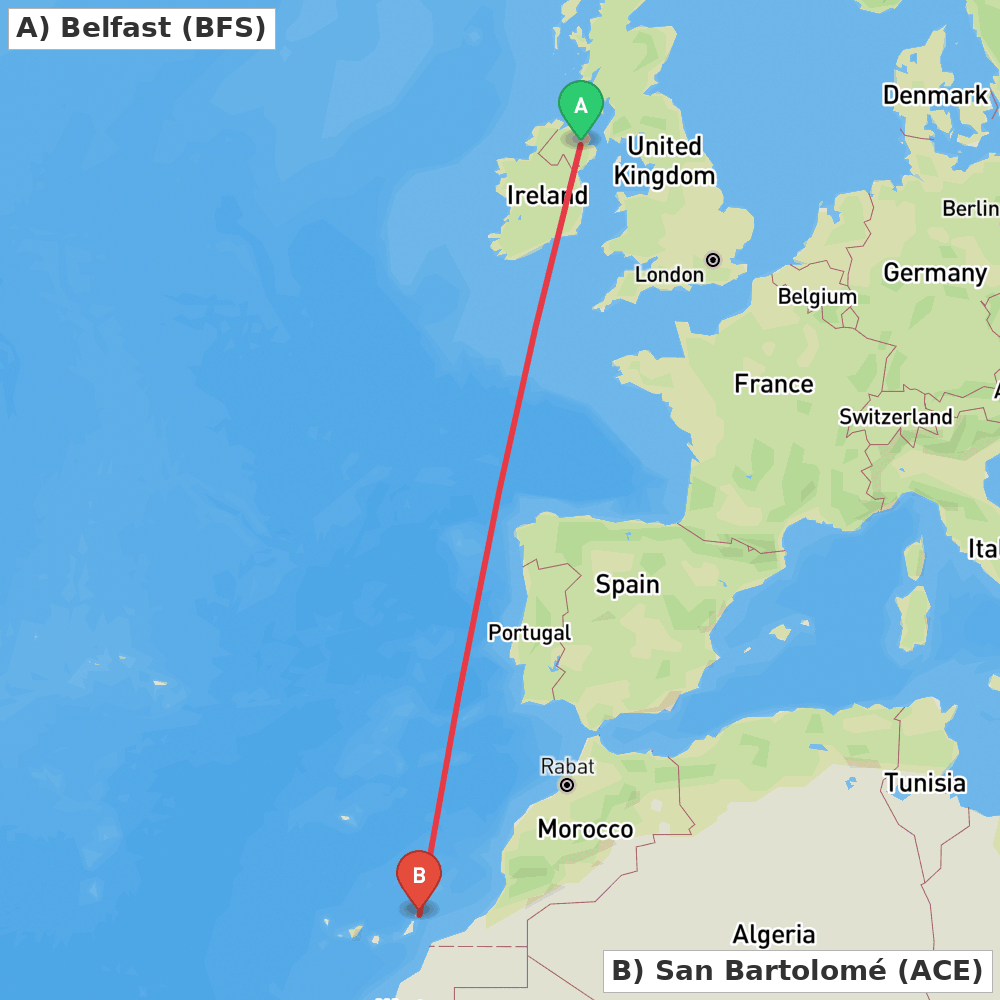 Flight route map from Belfast to San Bartolomé
