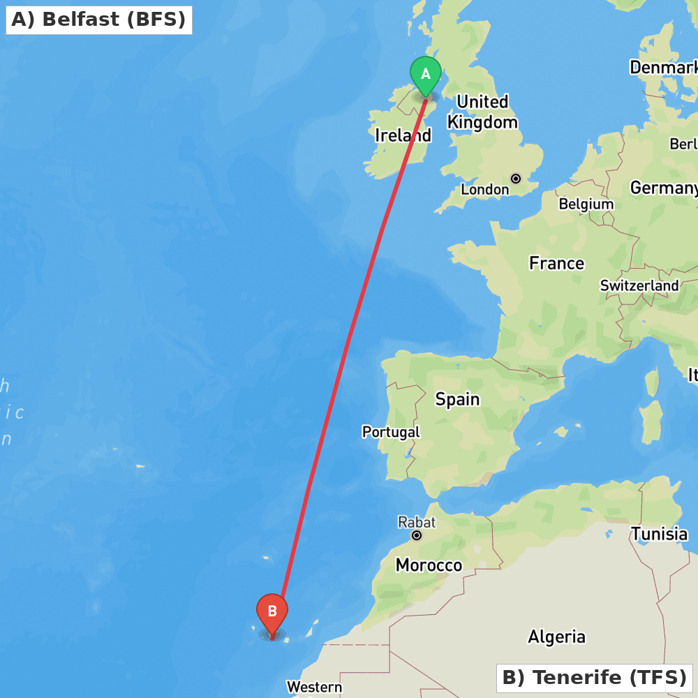 Flight route map from Belfast to Tenerife