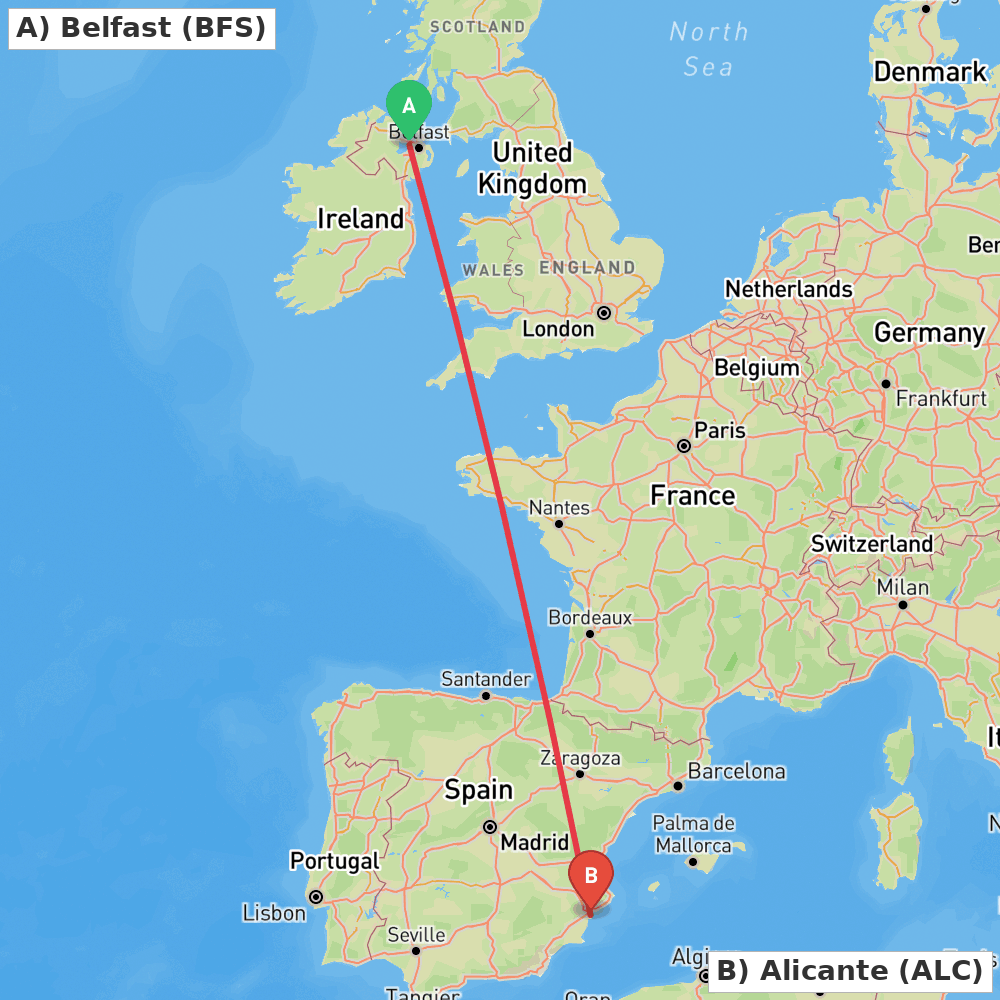 Flight route map from Belfast to Alicante