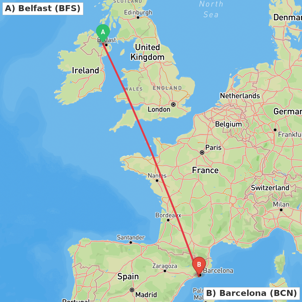 Flight route map from Belfast to Barcelona