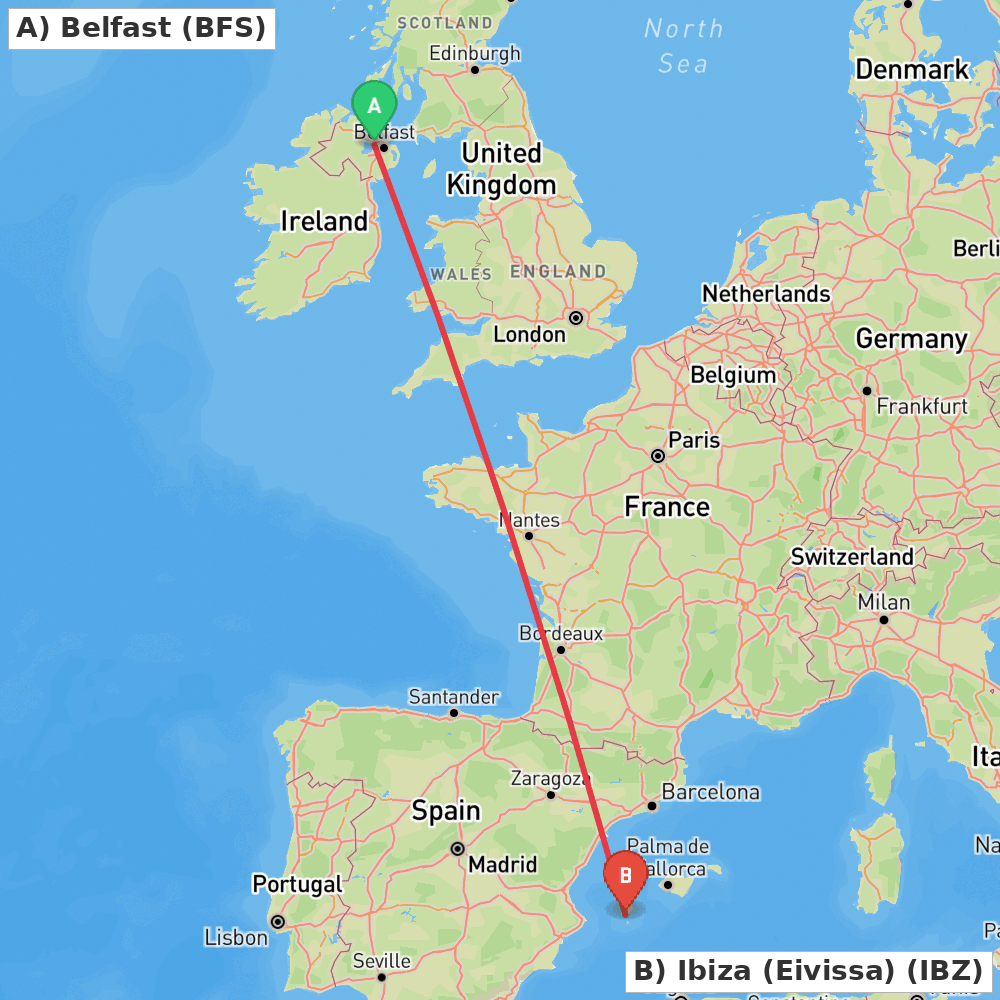 Flight route map from Belfast to Ibiza (Eivissa)