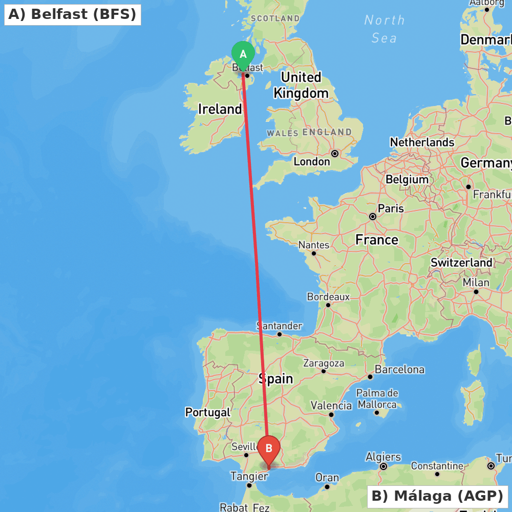 Flight route map from Belfast to Málaga