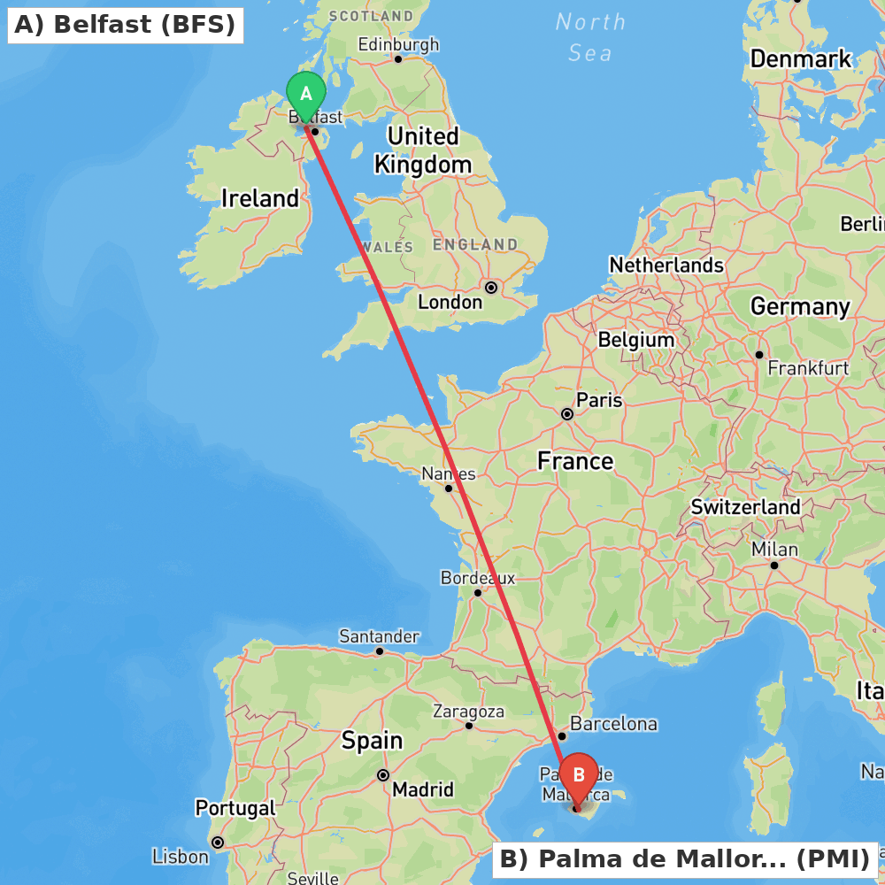 Flight route map from Belfast to Palma de Mallorca
