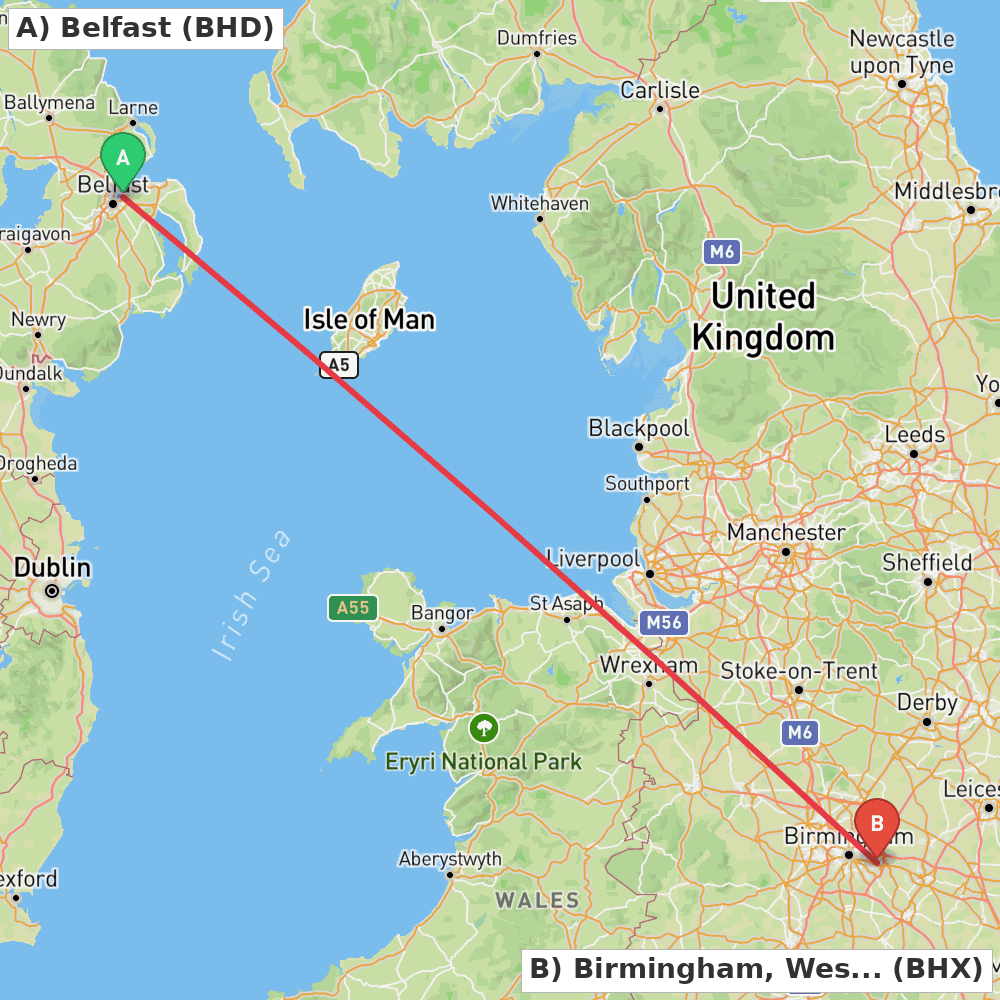 Flight route map from Belfast to Birmingham, West Midlands