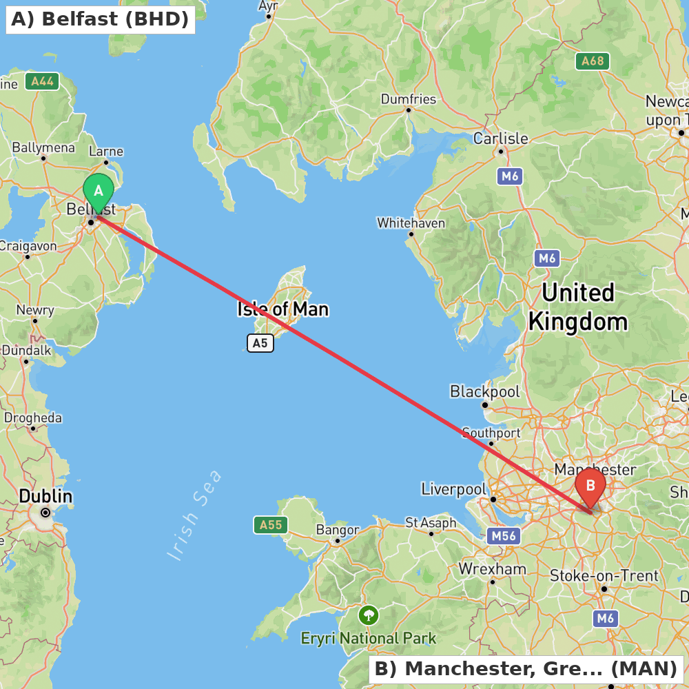 Flight route map from Belfast to Manchester, Greater Manchester