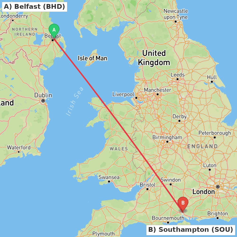 Flight route map from Belfast to Southampton