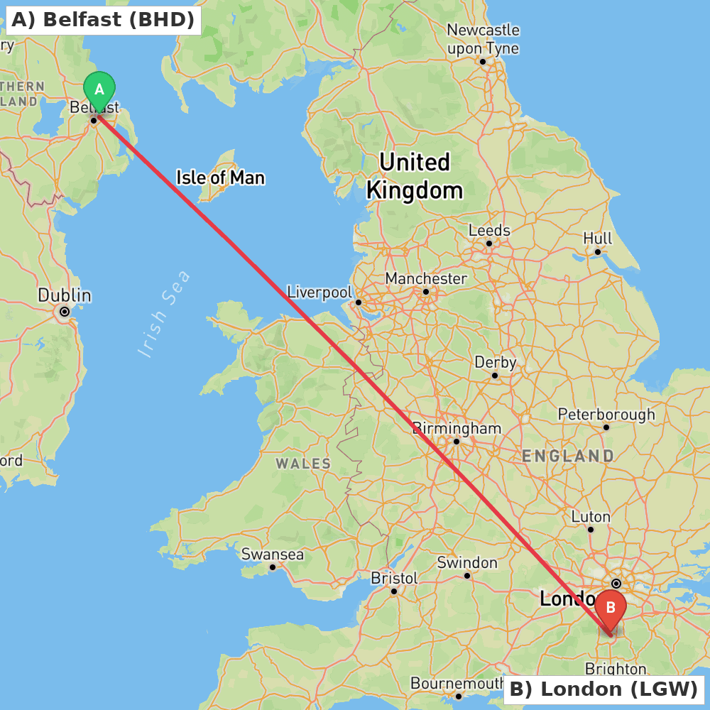 Flight route map from Belfast to London