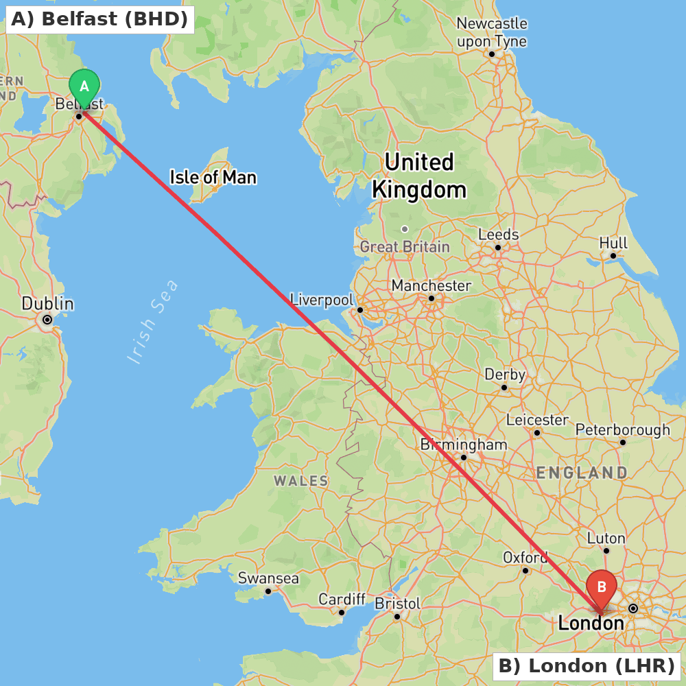 Flight route map from Belfast to London