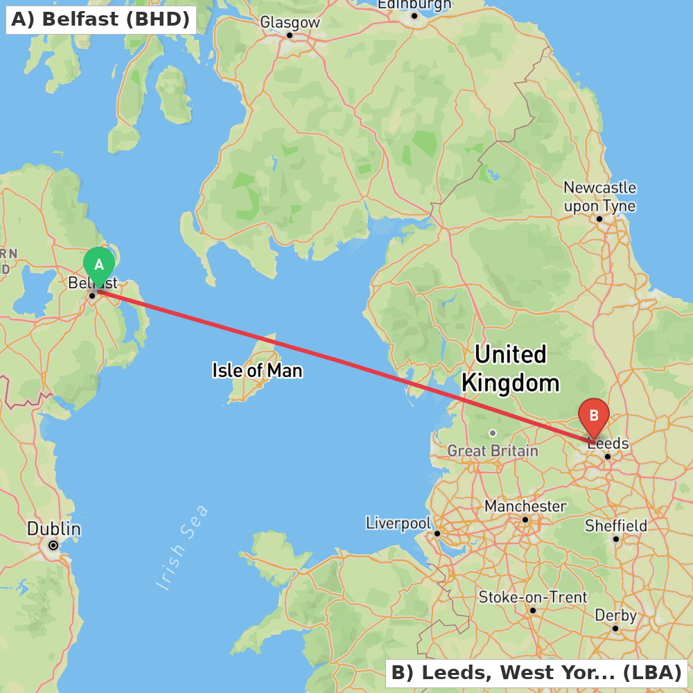 Flight route map from Belfast to Leeds, West Yorkshire