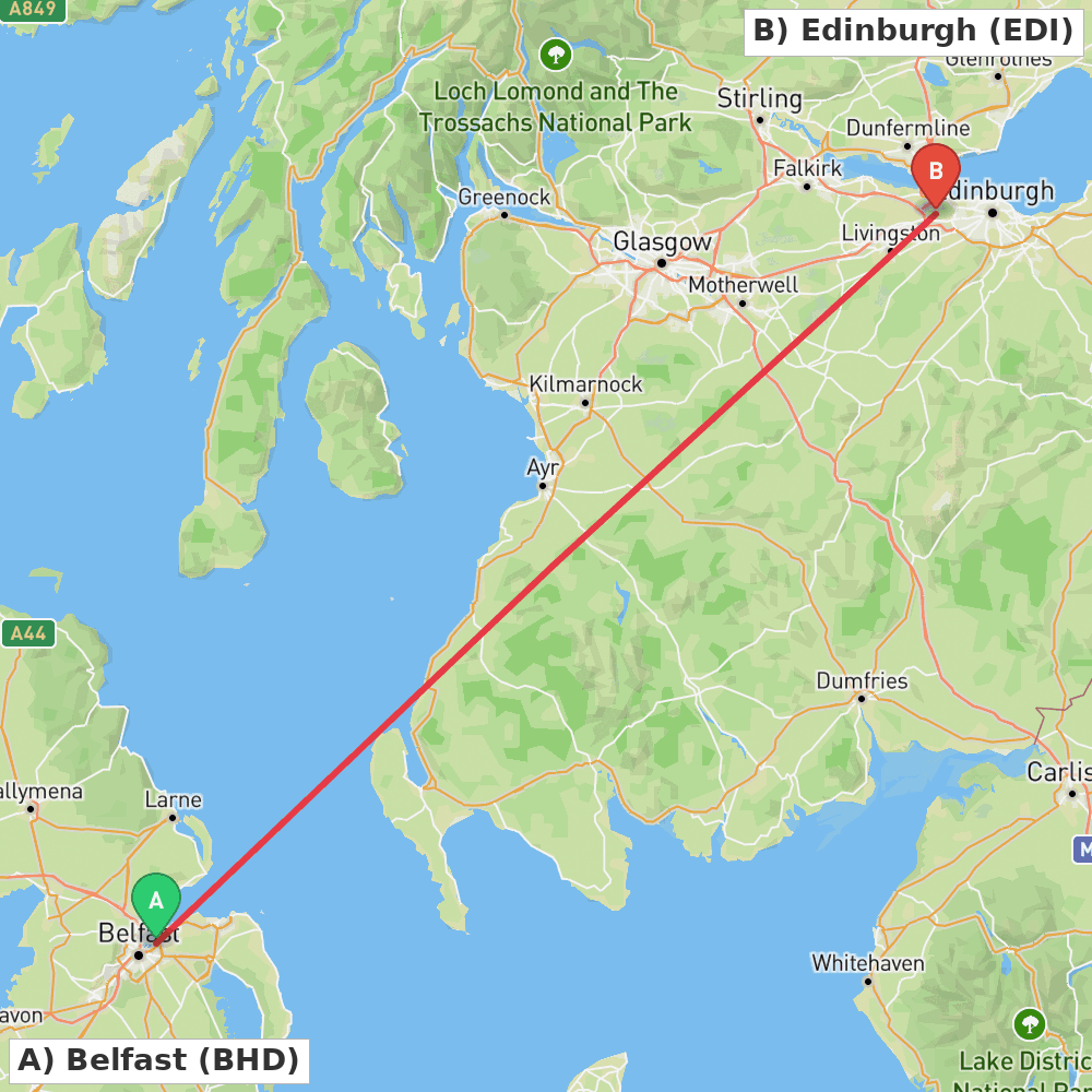 Flight route map from Belfast to Edinburgh