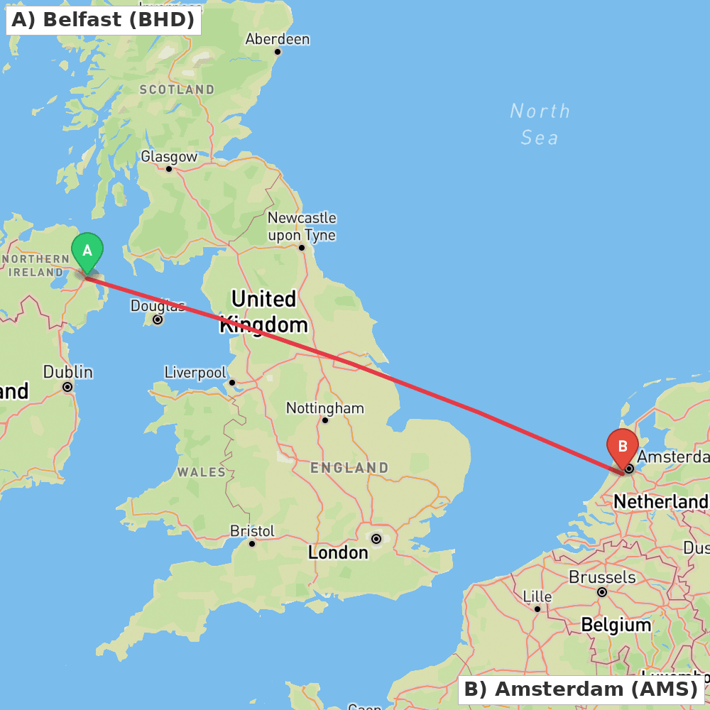 Flight route map from Belfast to Amsterdam