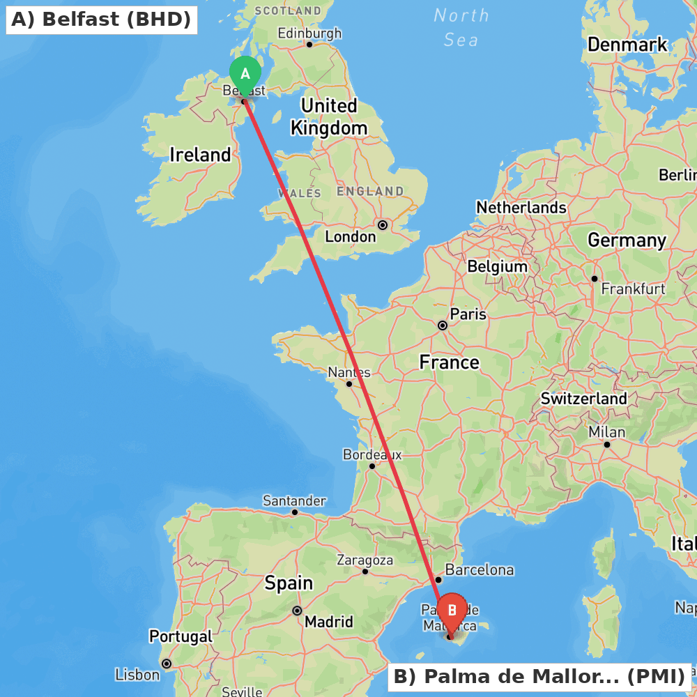 Flight route map from Belfast to Palma de Mallorca
