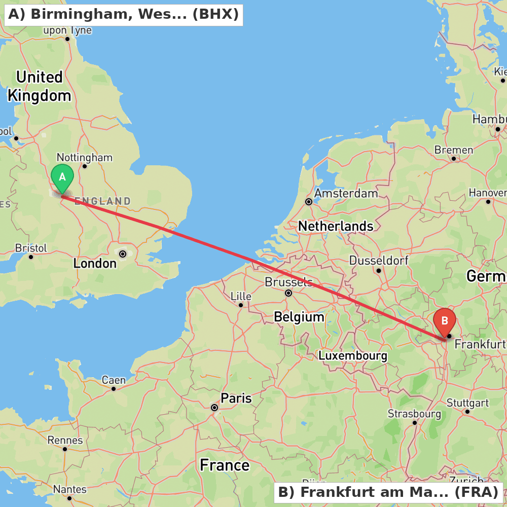 Flight route map from Birmingham, West Midlands to Frankfurt am Main