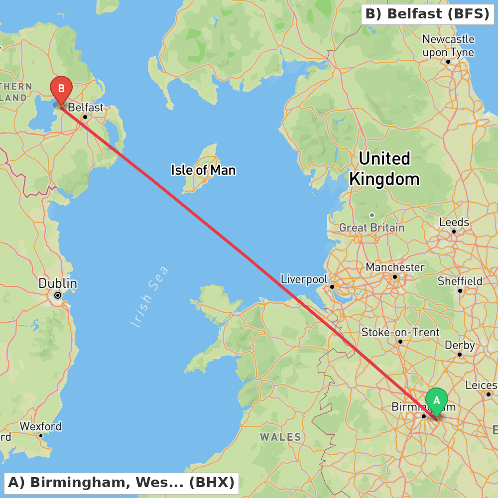 Flight route map from Birmingham, West Midlands to Belfast