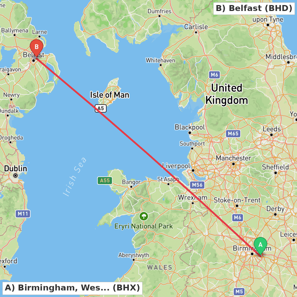 Flight route map from Birmingham, West Midlands to Belfast