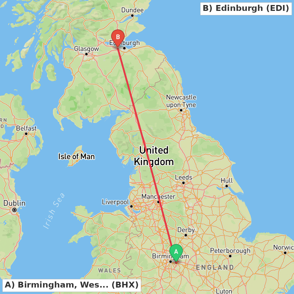 Flight route map from Birmingham, West Midlands to Edinburgh