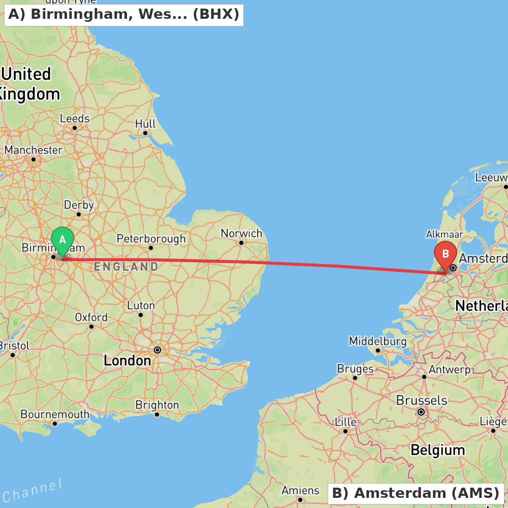 Flight route map from Birmingham, West Midlands to Amsterdam