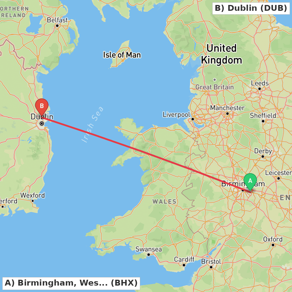 Flight route map from Birmingham, West Midlands to Dublin