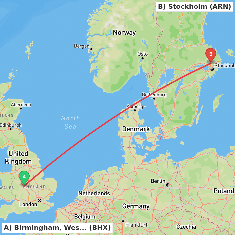 Flight route map from Birmingham, West Midlands to Stockholm