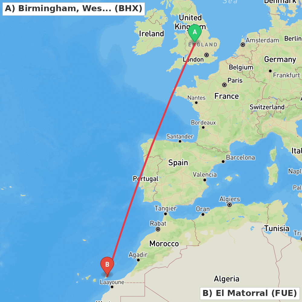 Flight route map from Birmingham, West Midlands to El Matorral