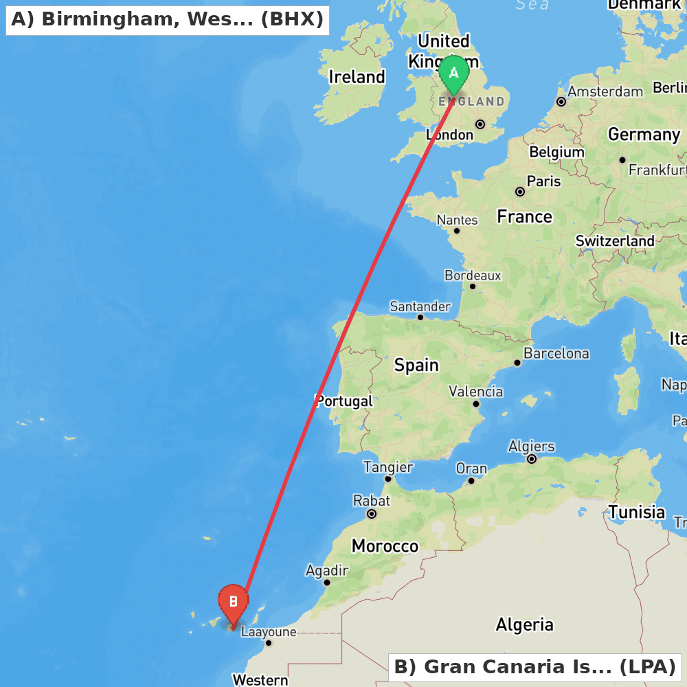 Flight route map from Birmingham, West Midlands to Gran Canaria Island