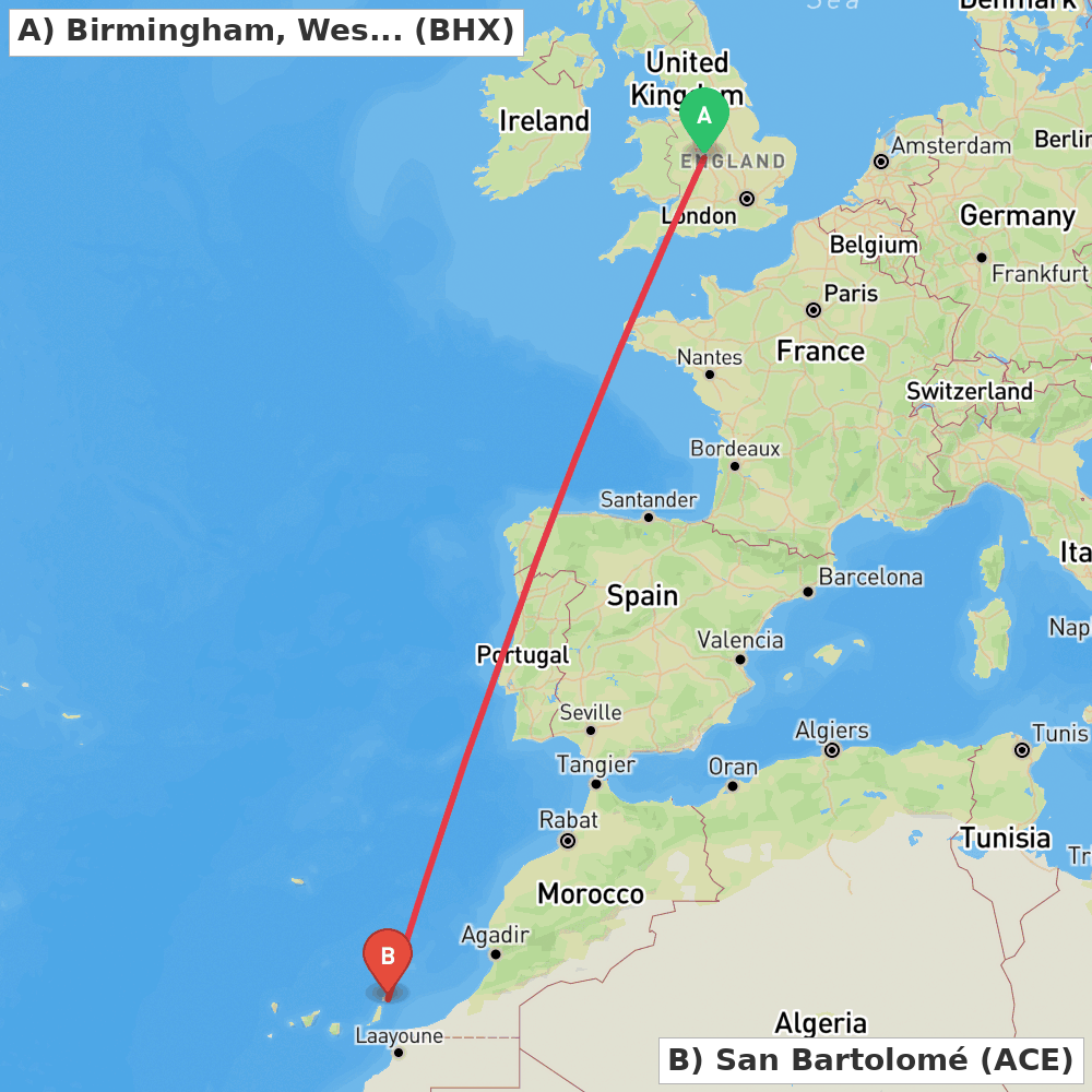 Flight route map from Birmingham, West Midlands to San Bartolomé