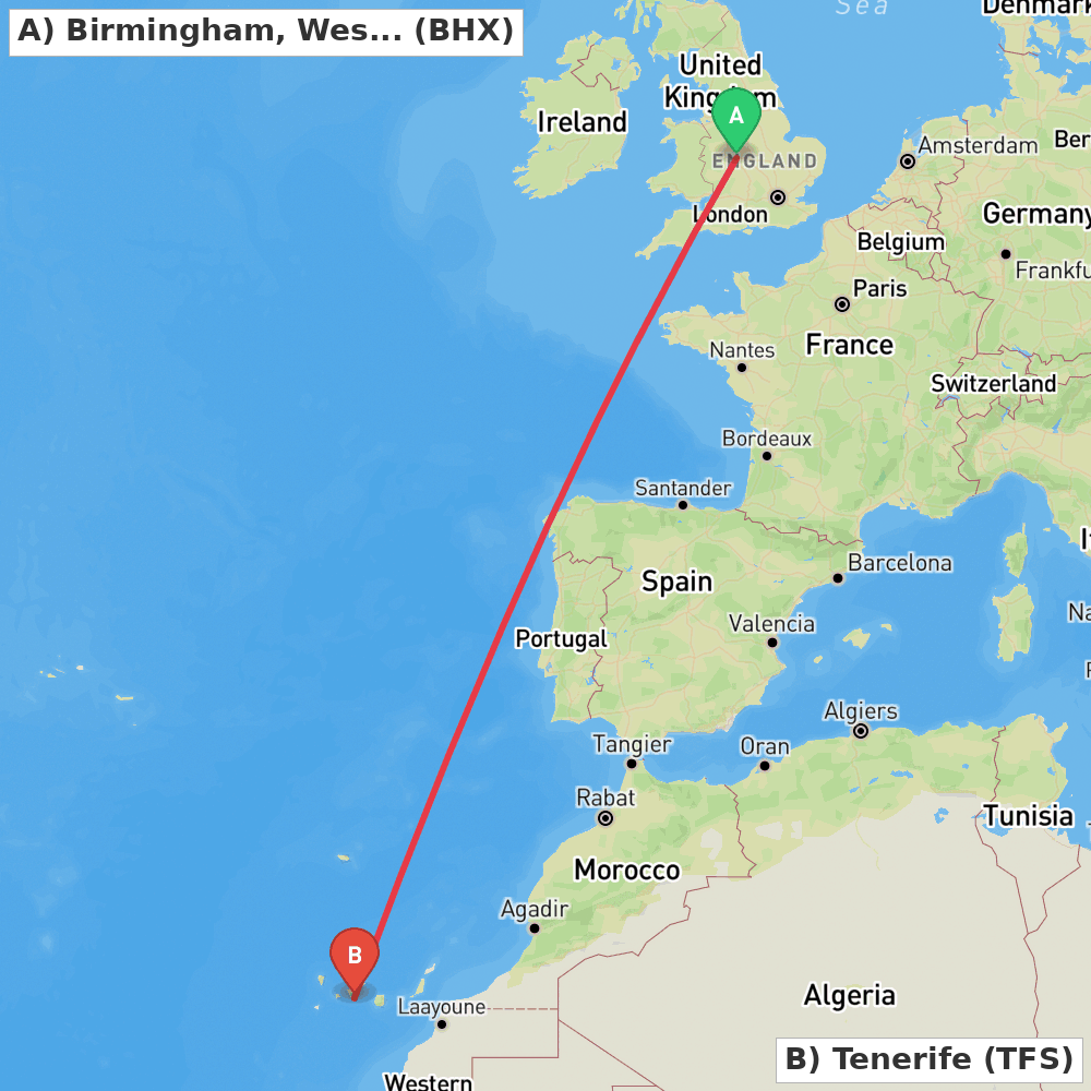 Flight route map from Birmingham, West Midlands to Tenerife
