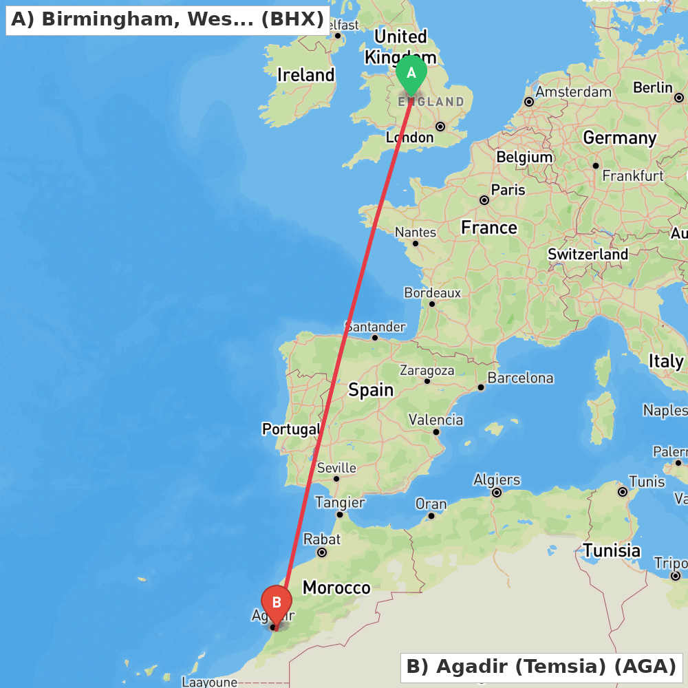 Flight route map from Birmingham, West Midlands to Agadir (Temsia)