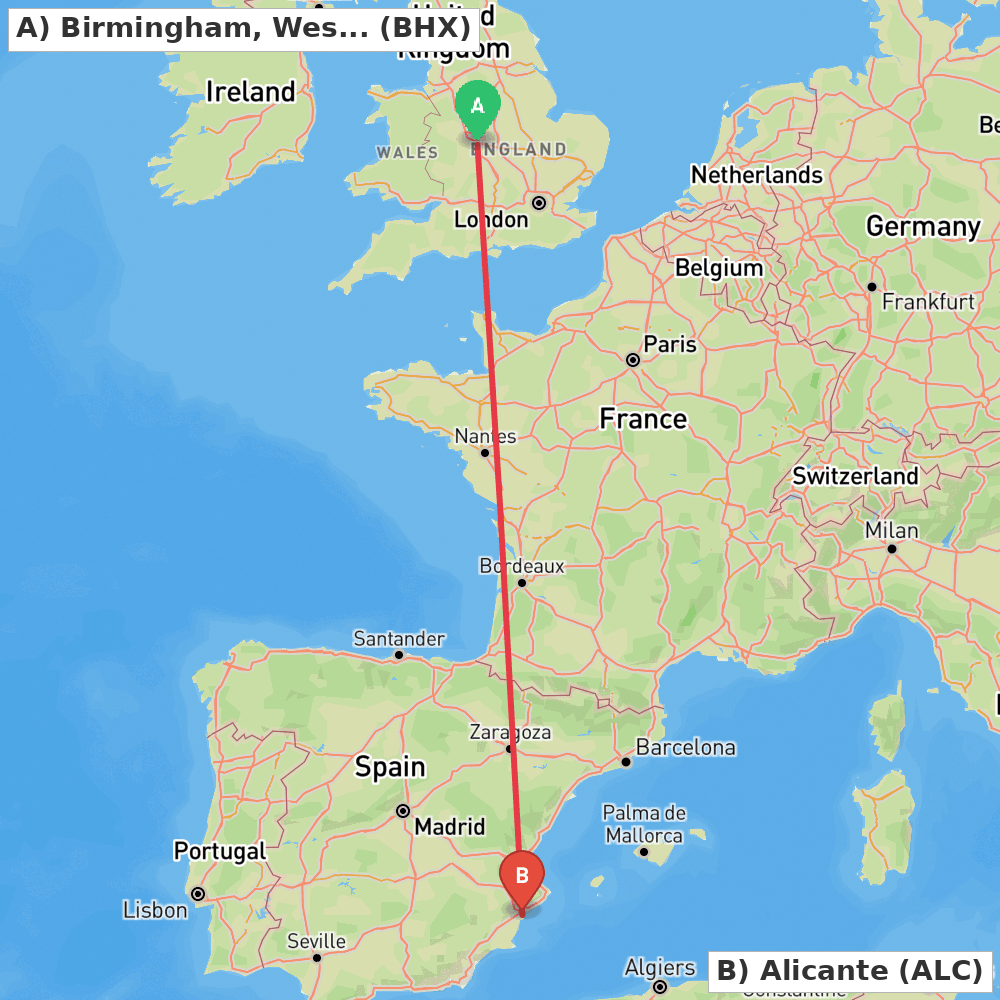 Flight route map from Birmingham, West Midlands to Alicante