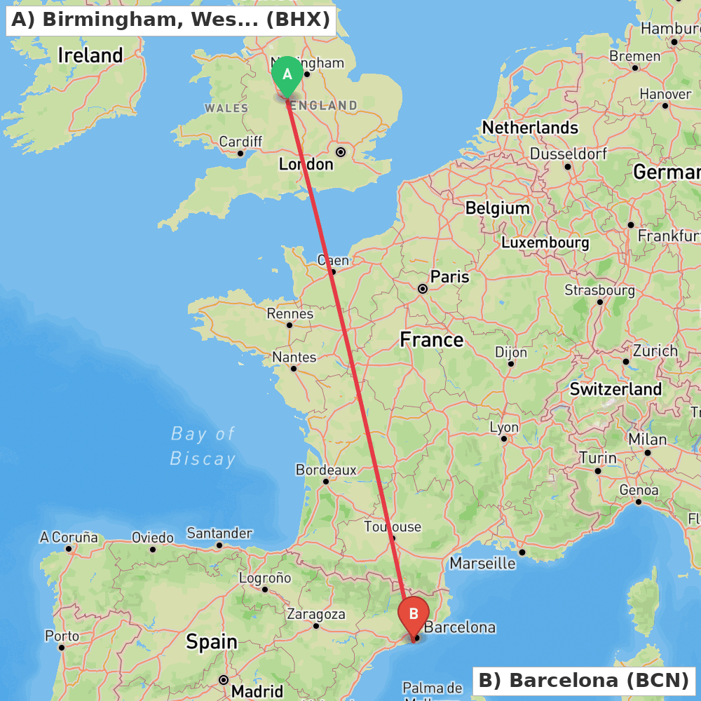 Flight route map from Birmingham, West Midlands to Barcelona