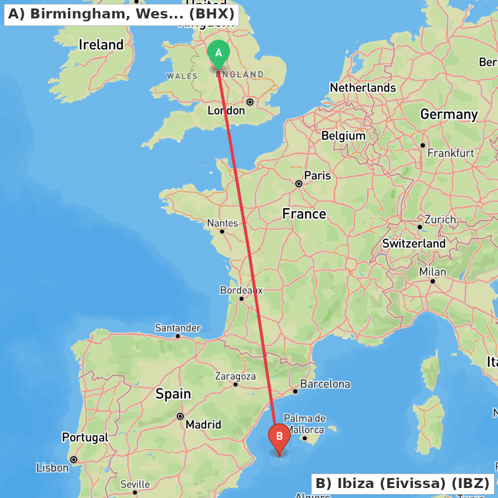 Flight route map from Birmingham, West Midlands to Ibiza (Eivissa)
