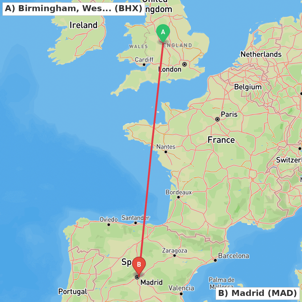 Flight route map from Birmingham, West Midlands to Madrid