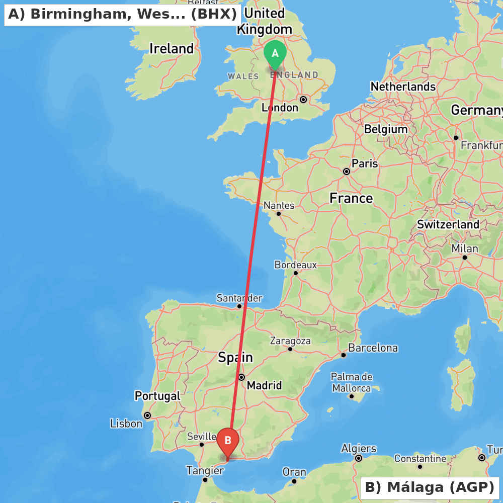 Flight route map from Birmingham, West Midlands to Málaga