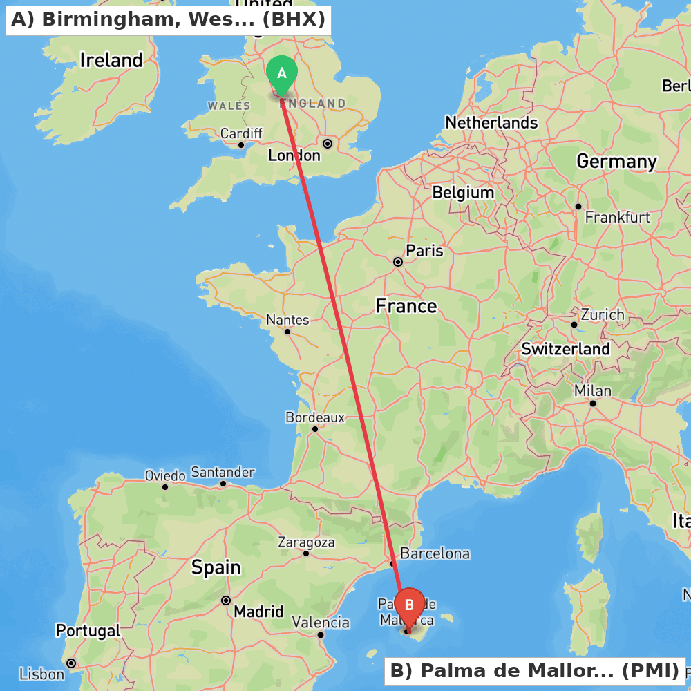 Flight route map from Birmingham, West Midlands to Palma de Mallorca