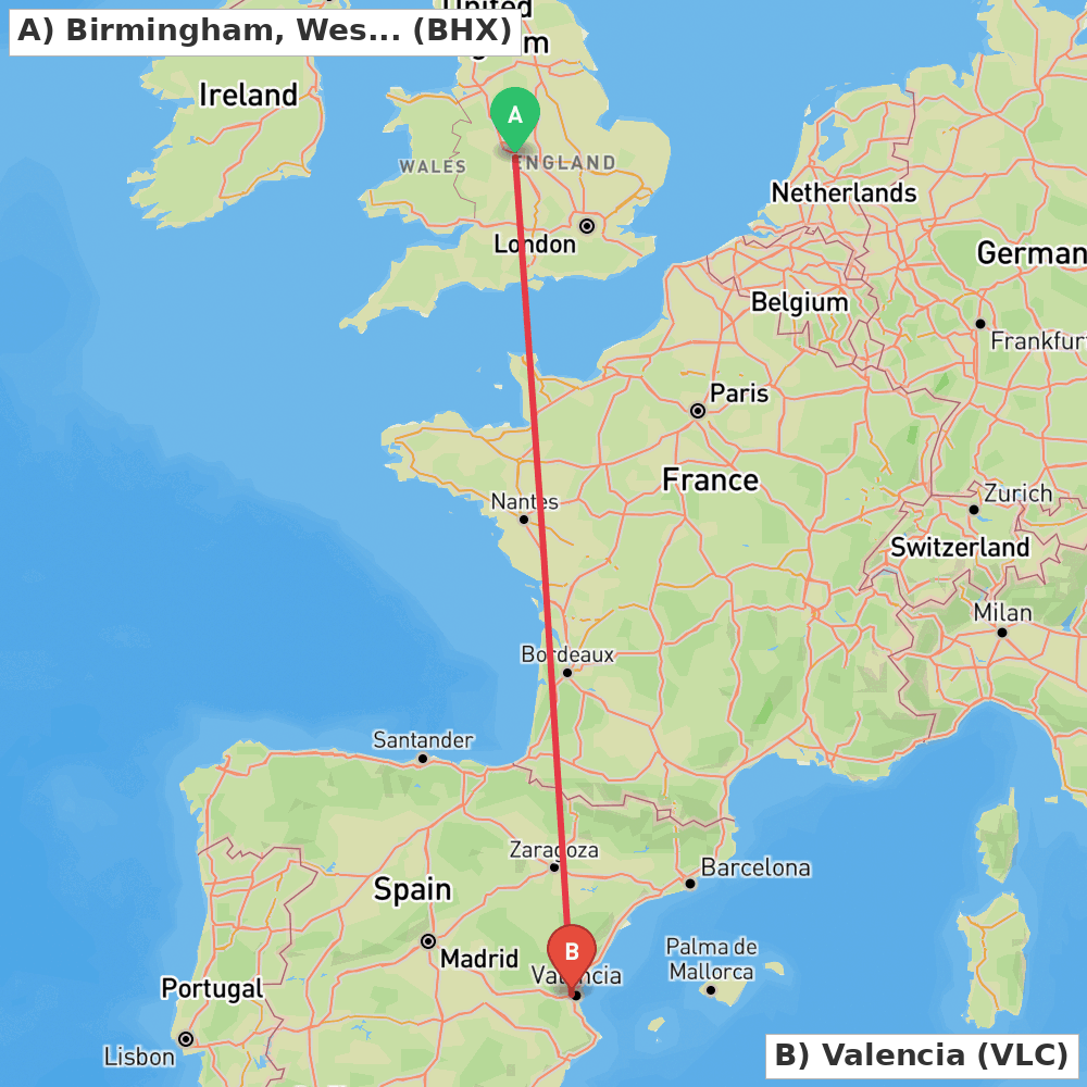 Flight route map from Birmingham, West Midlands to Valencia