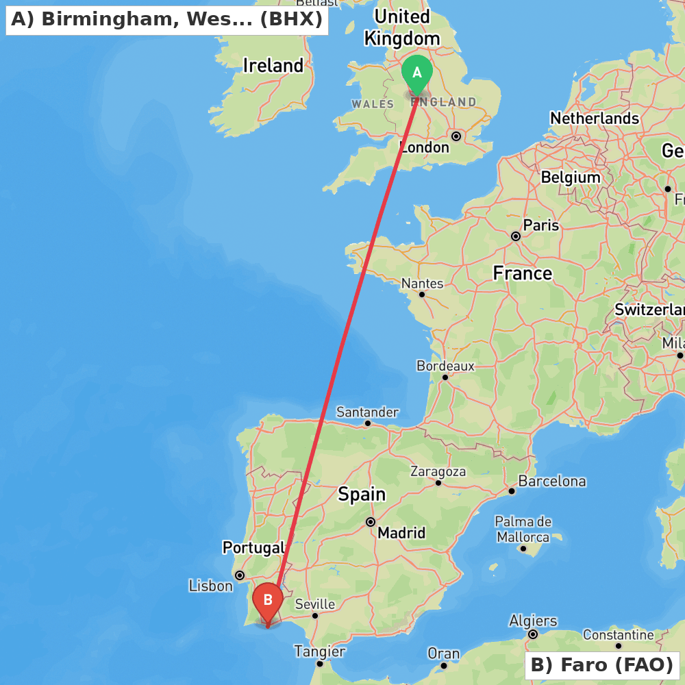 Flight route map from Birmingham, West Midlands to Faro