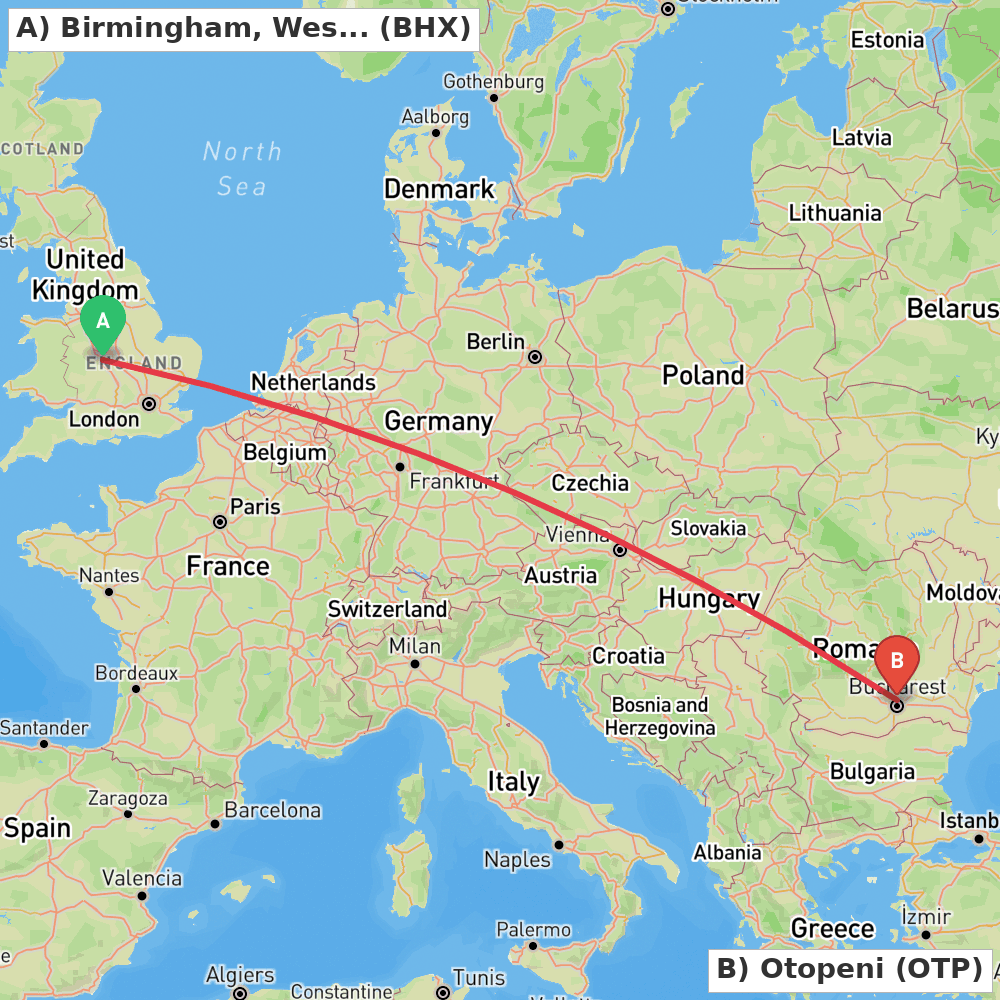 Flight route map from Birmingham, West Midlands to Otopeni