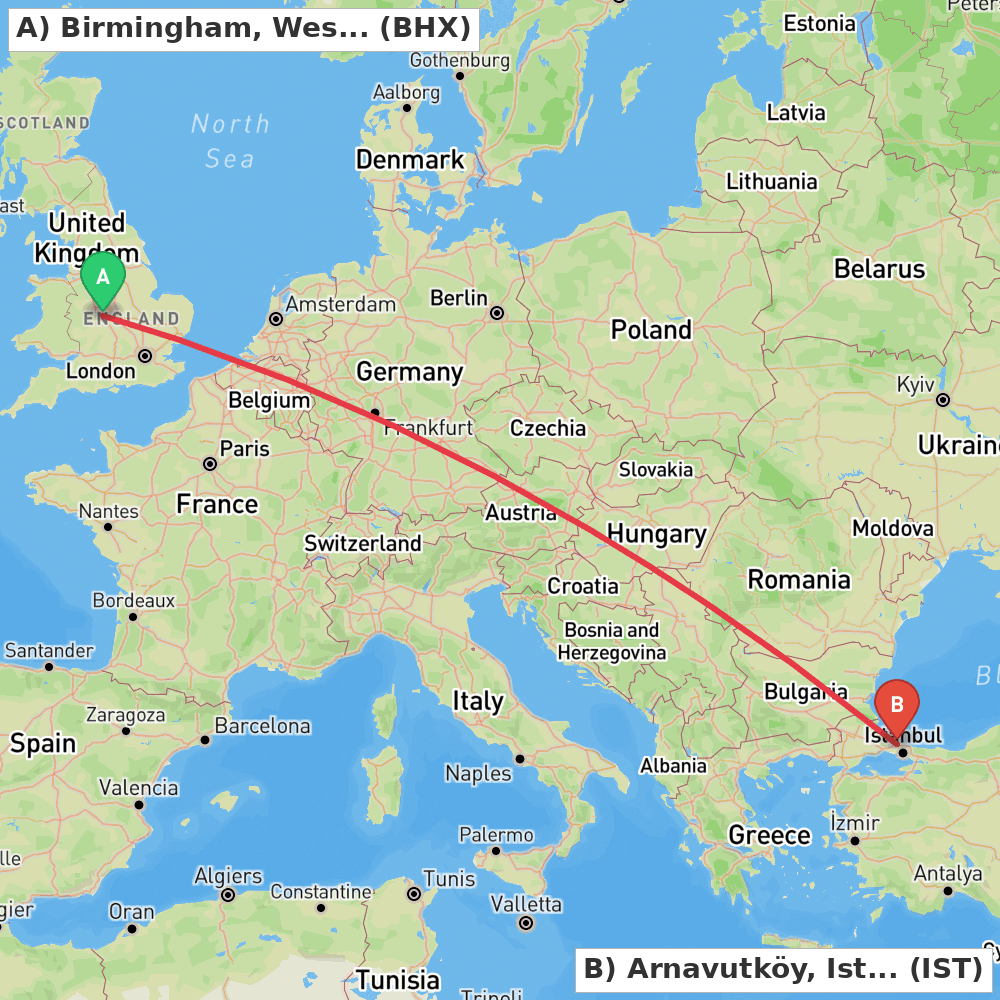 Flight route map from Birmingham, West Midlands to Arnavutköy, Istanbul