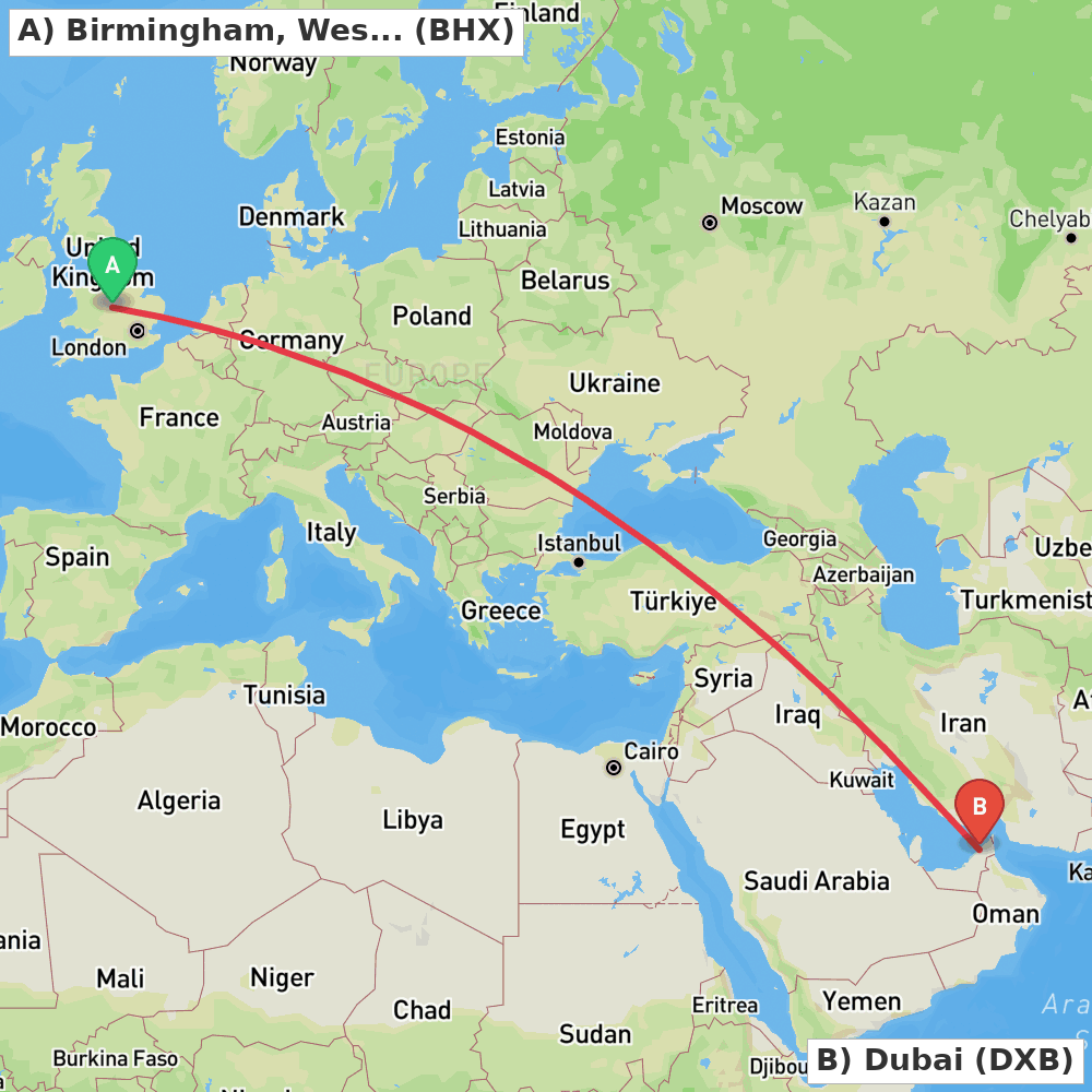 Flight route map from Birmingham, West Midlands to Dubai