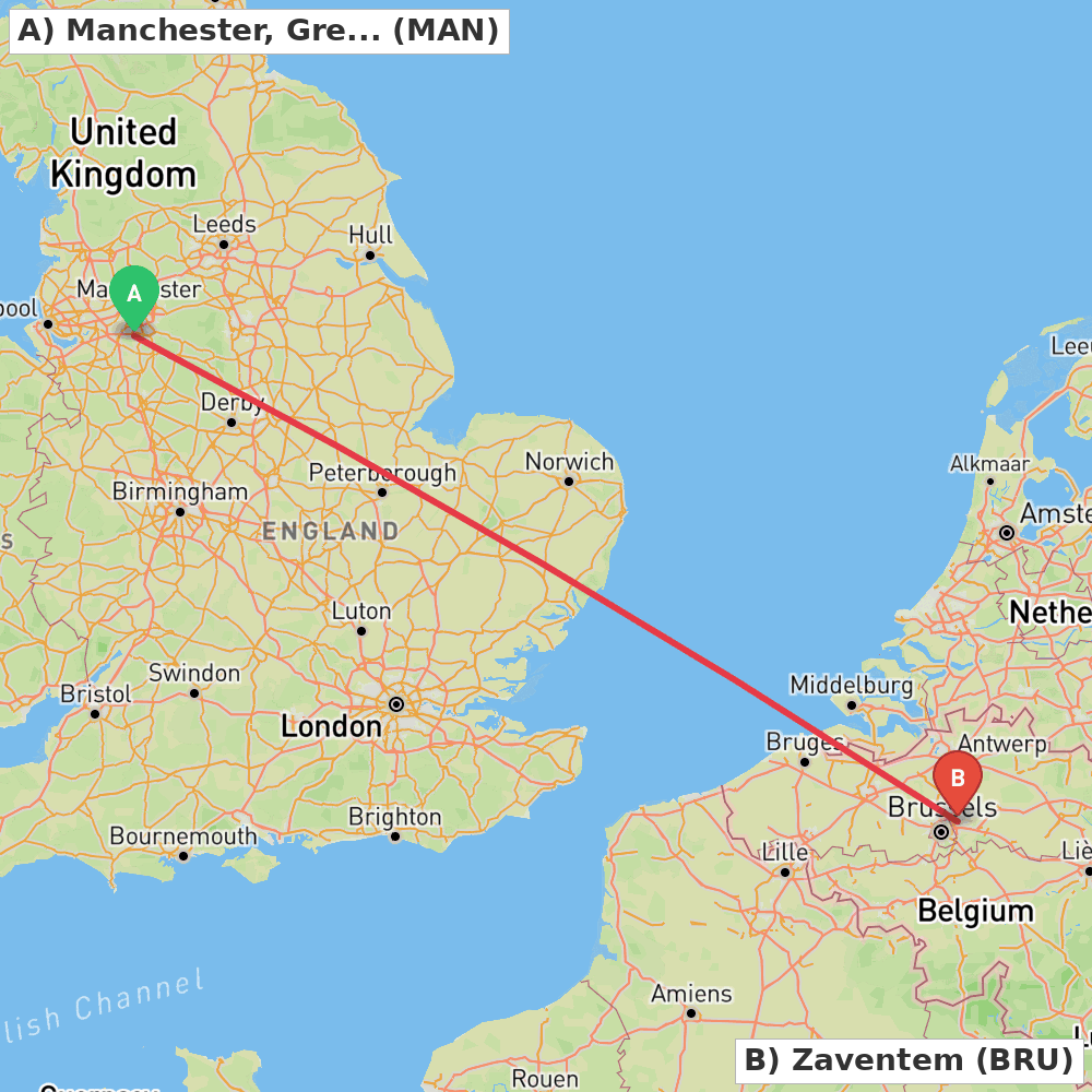 Flight route map from Manchester, Greater Manchester to Zaventem