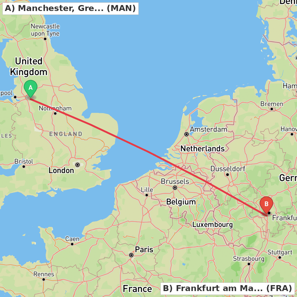 Flight route map from Manchester, Greater Manchester to Frankfurt am Main