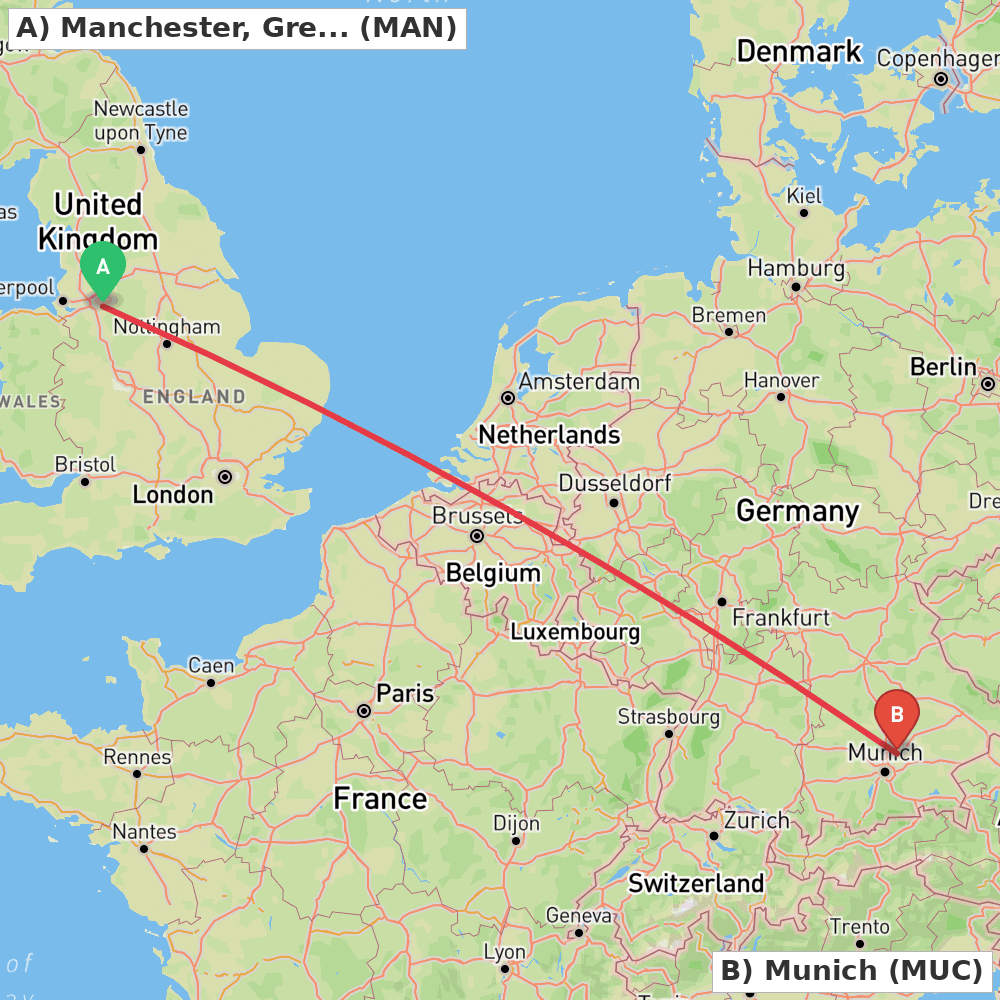 Flight route map from Manchester, Greater Manchester to Munich