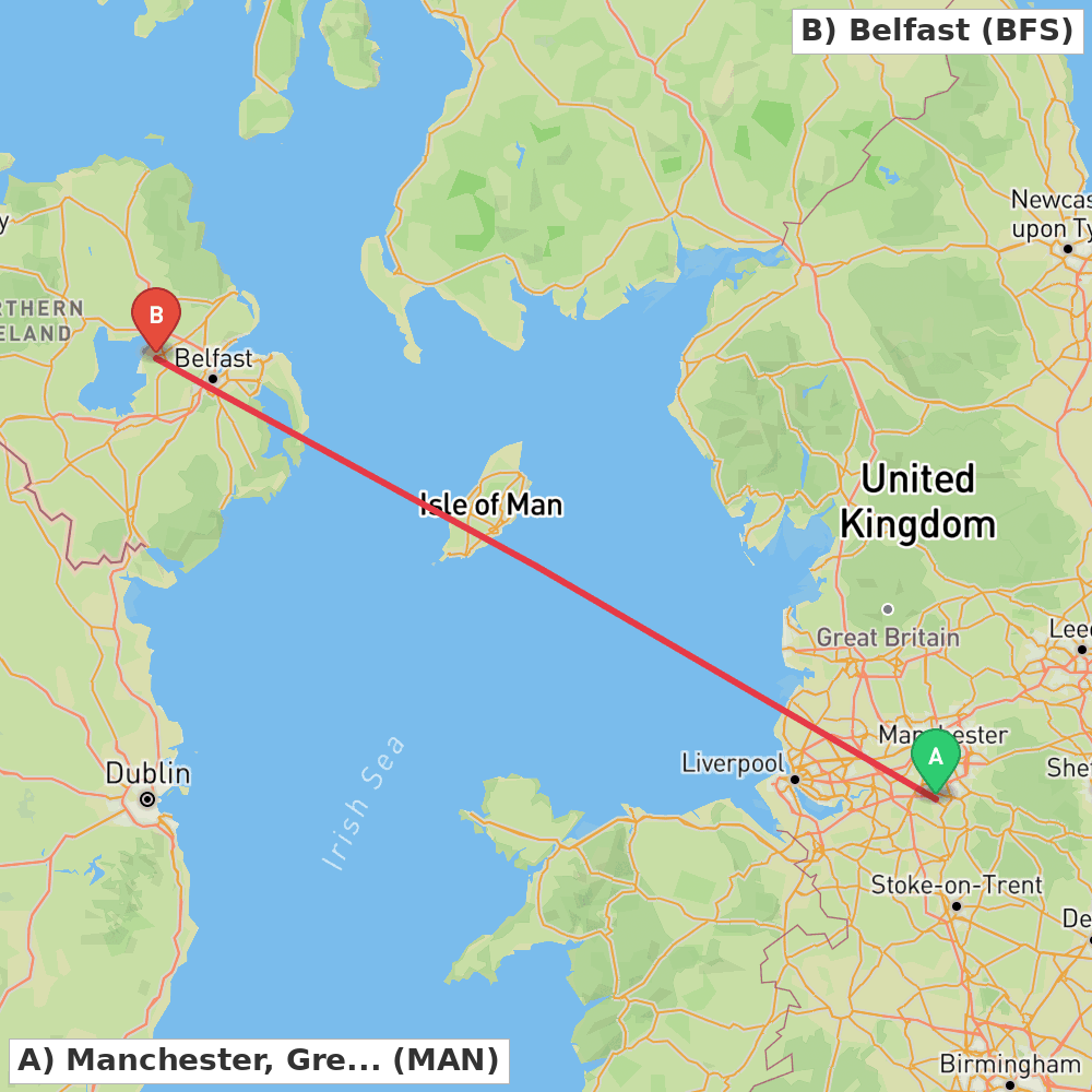 Flight route map from Manchester, Greater Manchester to Belfast